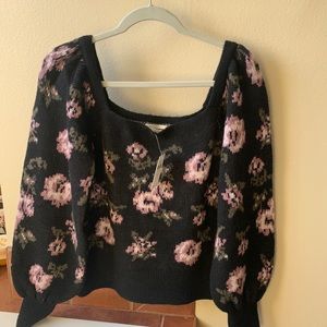Anthropologie Black Floral Square Neck sweater